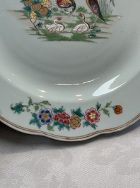A pair of Chinese famille rose plates and one dish with birds and floral design, Qianlong