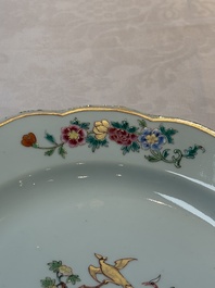 A pair of Chinese famille rose plates and one dish with birds and floral design, Qianlong