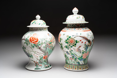 Two Chinese famille verte 'birds and flowers' vases and covers, 19th C.