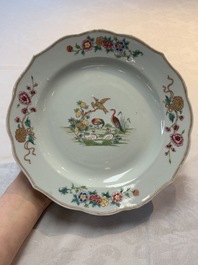 A pair of Chinese famille rose plates and one dish with birds and floral design, Qianlong