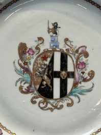A set of five Chinese famille rose armorial plates with the arms of Simpson impaling Brydges for the English market, Qianlong, ca. 1760
