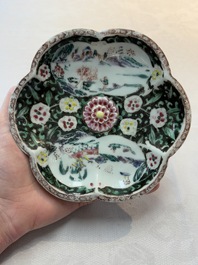 A Chinese famille rose teapot and stand, and a famille rose black-ground teapot, Yongzheng/Qianlong
