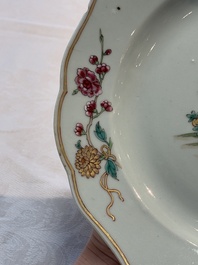 A pair of Chinese famille rose plates and one dish with birds and floral design, Qianlong