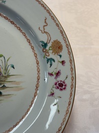 A pair of Chinese famille rose plates and one dish with birds and floral design, Qianlong