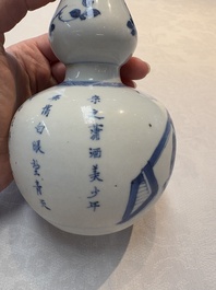 A Chinese blue and white silver-mounted double-gourd 'Li Bai' vase, Kangxi