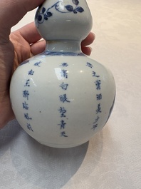 A Chinese blue and white silver-mounted double-gourd 'Li Bai' vase, Kangxi