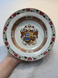 A Chinese famille rose armorial soup plate with the arms of Mertins impaling Peck for the English market, Yongzheng, ca. 1725