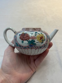A Chinese famille rose teapot and stand, and a famille rose black-ground teapot, Yongzheng/Qianlong