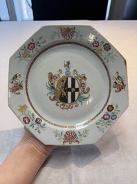 A set of five Chinese famille rose armorial plates with the arms of Simpson impaling Brydges for the English market, Qianlong, ca. 1760