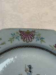 A set of five Chinese famille rose armorial plates with the arms of Simpson impaling Brydges for the English market, Qianlong, ca. 1760