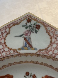 A rare Chinese famille rose hexagonal armorial soup plate with the arms of Jephson impaling Chase, Yongzheng, ca. 1735