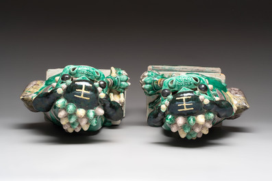 A pair of large Chinese verte biscuit Buddhist lions, 19th C.