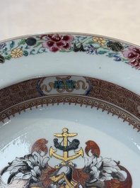 A Chinese famille rose armorial soup plate with the arms of Mertins impaling Peck for the English market, Yongzheng, ca. 1725