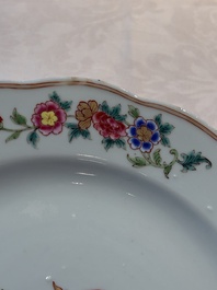 A pair of Chinese famille rose plates and one dish with birds and floral design, Qianlong
