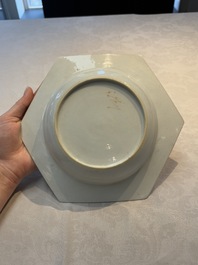 A rare Chinese famille rose hexagonal armorial soup plate with the arms of Jephson impaling Chase, Yongzheng, ca. 1735