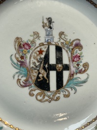 A set of five Chinese famille rose armorial plates with the arms of Simpson impaling Brydges for the English market, Qianlong, ca. 1760