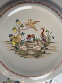 A pair of Chinese famille rose plates and one dish with birds and floral design, Qianlong
