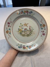 A pair of Chinese famille rose plates and one dish with birds and floral design, Qianlong