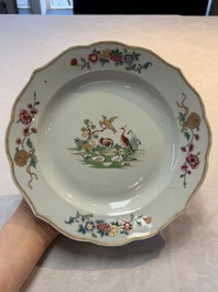 A pair of Chinese famille rose plates and one dish with birds and floral design, Qianlong