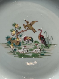 A pair of Chinese famille rose plates and one dish with birds and floral design, Qianlong