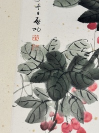 In the manner of Qi Gong 啟功 (1912-2005): 'Grapes' and 'Bamboo', ink and colour on paper, dated 1988
