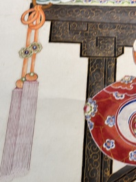 In the manner of Chen Shaofeng 陳兆鳳 (Late Qing Dynasty): 'Qinggong 清供', ink and colour on paper, Cixi mark, 20th C.