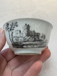 A Chinese grisaille 'Haarlem, Leersum and Liesveld' cup and saucer, Qianlong