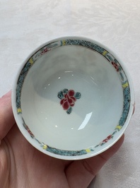 A set of six Chinese famille rose 'birds among flowering branches' cups and saucers, Yongzheng/Qianlong