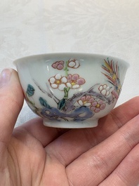 A set of six Chinese famille rose 'birds among flowering branches' cups and saucers, Yongzheng/Qianlong