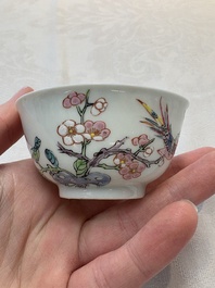 A set of six Chinese famille rose 'birds among flowering branches' cups and saucers, Yongzheng/Qianlong