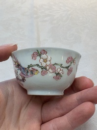 A set of six Chinese famille rose 'birds among flowering branches' cups and saucers, Yongzheng/Qianlong