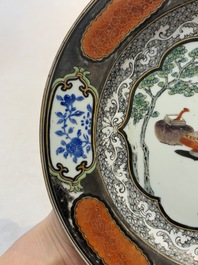 A Chinese famille rose silver and gilt-decorated plate with a lady playing guqin, Yongzheng/Qianlong