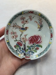 A set of six Chinese famille rose 'birds among flowering branches' cups and saucers, Yongzheng/Qianlong