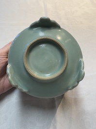 A Chinese Longquan celadon cylindrical tripod censer with trigrams design, Yuan/Ming