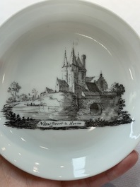 A Chinese grisaille 'Hoorn, Aspen and Valkenburg' cup and saucer, Qianlong