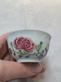 A set of six Chinese famille rose 'birds among flowering branches' cups and saucers, Yongzheng/Qianlong