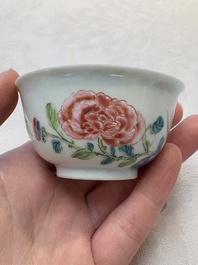 A set of six Chinese famille rose 'birds among flowering branches' cups and saucers, Yongzheng/Qianlong