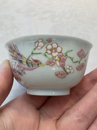 A set of six Chinese famille rose 'birds among flowering branches' cups and saucers, Yongzheng/Qianlong
