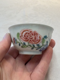 A set of six Chinese famille rose 'birds among flowering branches' cups and saucers, Yongzheng/Qianlong