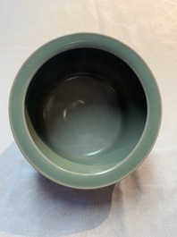 A Chinese Longquan celadon cylindrical tripod censer with trigrams design, Yuan/Ming
