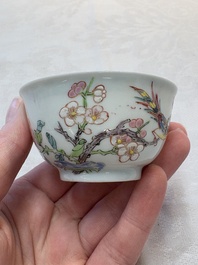 A set of six Chinese famille rose 'birds among flowering branches' cups and saucers, Yongzheng/Qianlong