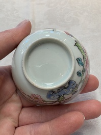 A set of six Chinese famille rose 'birds among flowering branches' cups and saucers, Yongzheng/Qianlong