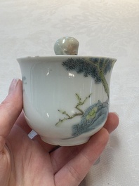A Chinese Dehua blanc de Chine libation cup, a famille rose cup and two figures, 19th C.
