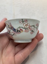 A set of six Chinese famille rose 'birds among flowering branches' cups and saucers, Yongzheng/Qianlong