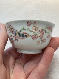 A set of six Chinese famille rose 'birds among flowering branches' cups and saucers, Yongzheng/Qianlong