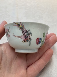 A set of six Chinese famille rose 'birds among flowering branches' cups and saucers, Yongzheng/Qianlong