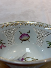 A Chinese European-decorated gilt bronze-mounted blue and white reticulated bowl, Transitional period