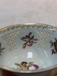 A Chinese European-decorated gilt bronze-mounted blue and white reticulated bowl, Transitional period
