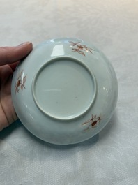 A set of six Chinese famille rose 'birds among flowering branches' cups and saucers, Yongzheng/Qianlong