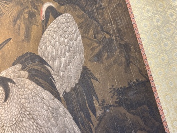 Chinese school: 'Eight cranes under a pine tree', ink and colour on silk, probably Qing